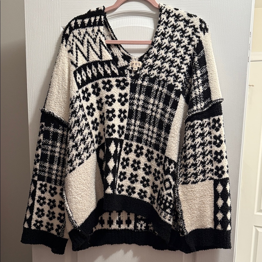 POL Monochrome Patchwork V-Neck Sweater